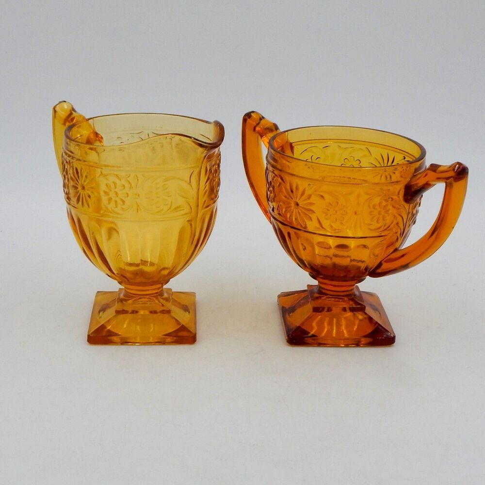 Indiana Glass Amber Daisy Sandwich Footed Creamer Open Sugar Bowl 2 Piece Set